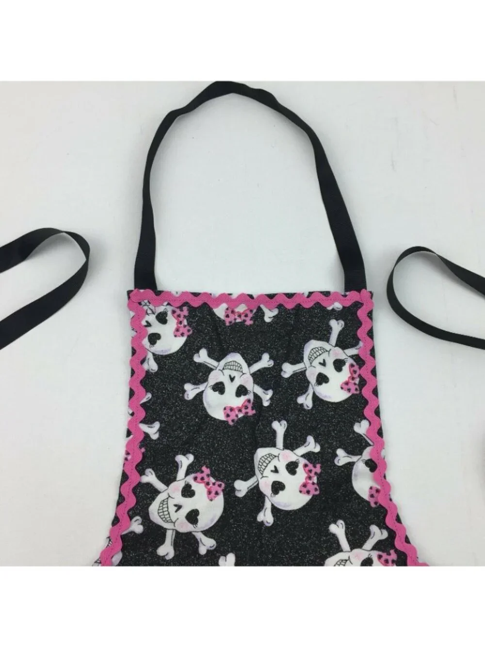 Girls Baking Apron for Kitchen Punk Rock Skulls With Bows Pink Pom Pom Ribbon